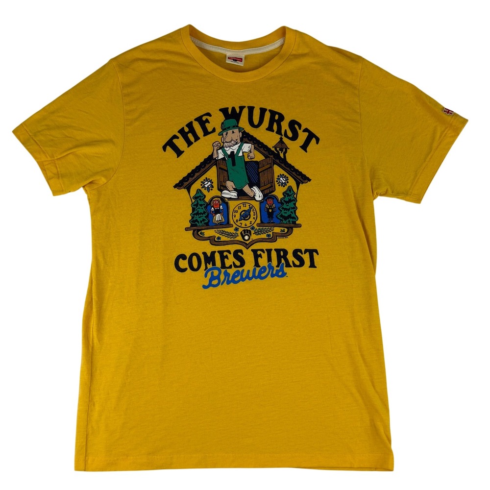 Homage T-Shirt Mens Large Yellow The Wurst Comes First Brewers Graphic Tee